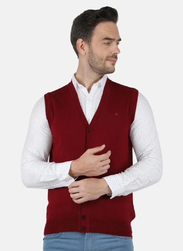 Men Maroon Solid Cardigan