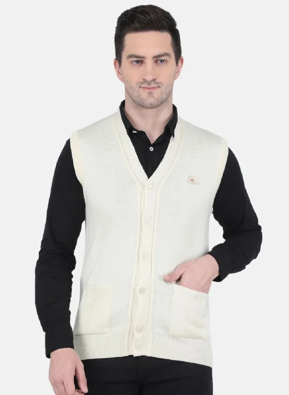 Men Off White Solid Cardigan