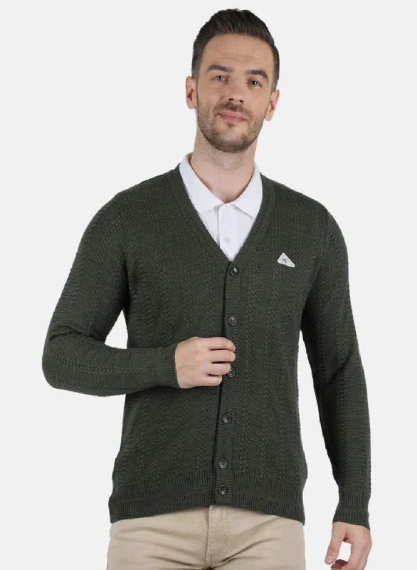 Men Olive Self Design Cardigan